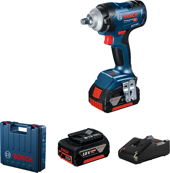 Bosch GDS 18V-400 impact wrench with battery and charger.