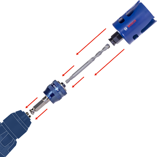 Hole saw attachment connected to a drill, ready for cutting large holes.