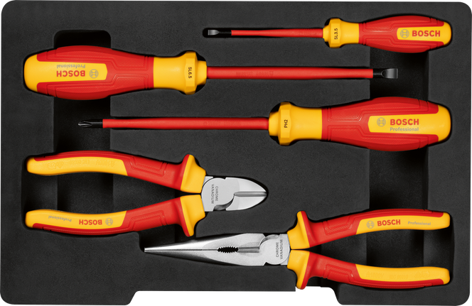 Bosch VDE hand tools mixed set, 5 pcs in tray.