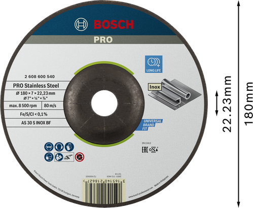 Bosch PRO stainless steel grinding disc 180 x 6 x 22.23 mm.