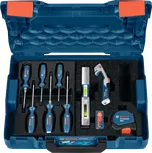Bosch hand tool set with screwdrivers, level, cutter, and tape measure.