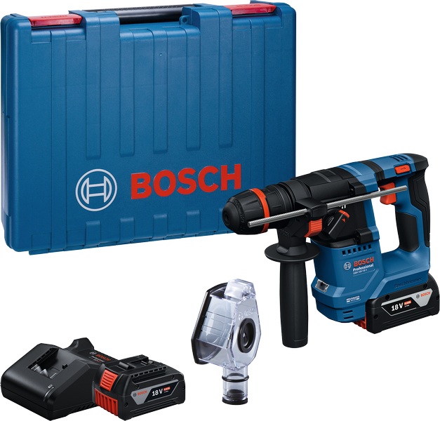Bosch GBH 18V-18 rotary hammer with case and accessories.