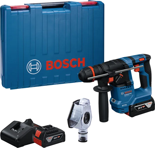 Bosch GBH 18V-18 rotary hammer with case and accessories.