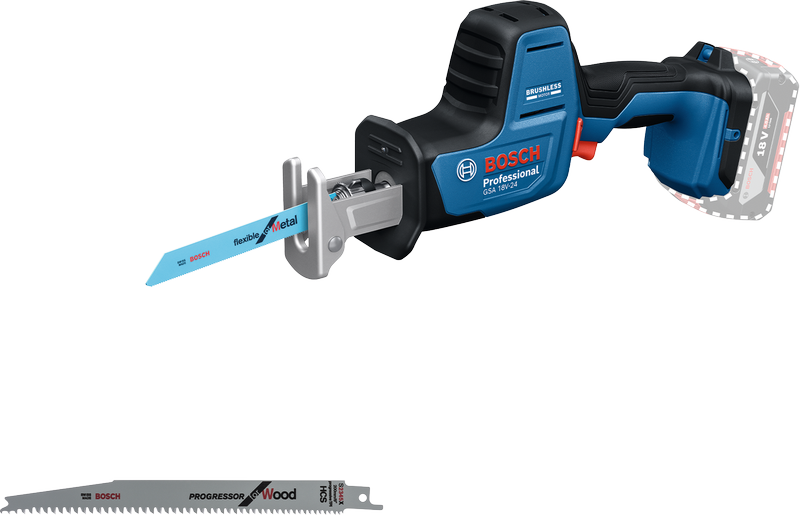 Bosch GSA 18V-24 cordless reciprocating saw with two blades.