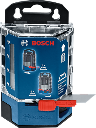 Blade dispenser with a red slider showing a single utility blade extended for use.