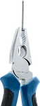 Pliers gripping a long metal nail with blue and black handles.