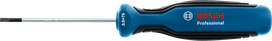 Slotted screwdriver with a blue and black ergonomic handle.