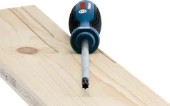 Screwdriver with a star-shaped tip resting on a wooden plank.