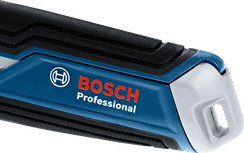 Blue and black power tool handle with a textured grip.