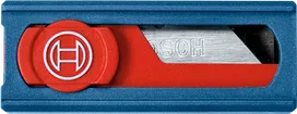 Retractable utility knife with a blue and red plastic casing and exposed blade.