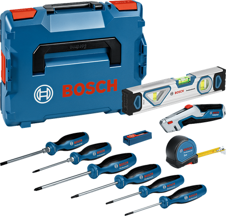Bosch screwdrivers and hand tools set with carrying case.