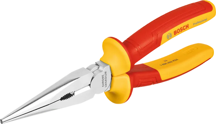 Bosch VDE long nose pliers 200 mm with insulated handles.