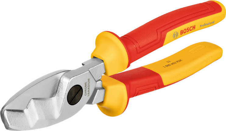 Bosch VDE cable shear with insulated red yellow handles.