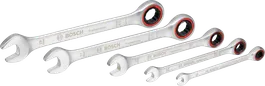 Bosch ratchet spanner set 5 pcs with open and ring ends.