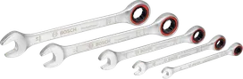 Bosch ratchet spanner set 5 pcs with open and ring ends.