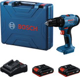 Bosch GSB 18V-45 cordless drill set with batteries and charger.