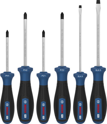 Bosch PRO Screwdriver Set PH/PZ/SL, 6 pcs with anti roll-off handles.