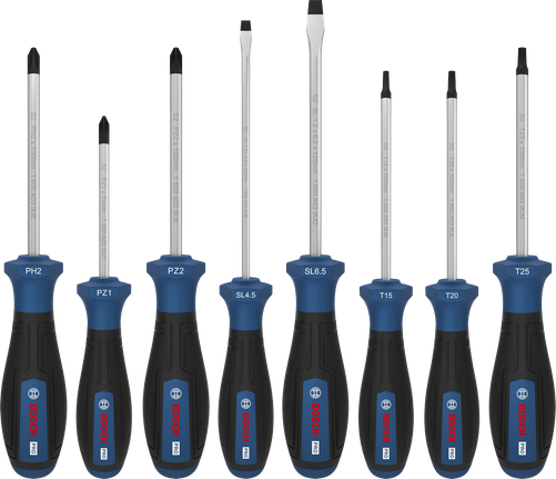 Bosch PRO Screwdriver Set 8 pcs with color-coded handles.