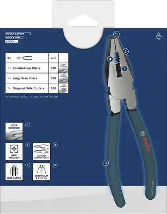 Bosch pliers set with dipped non-slip handles, 3 pieces.
