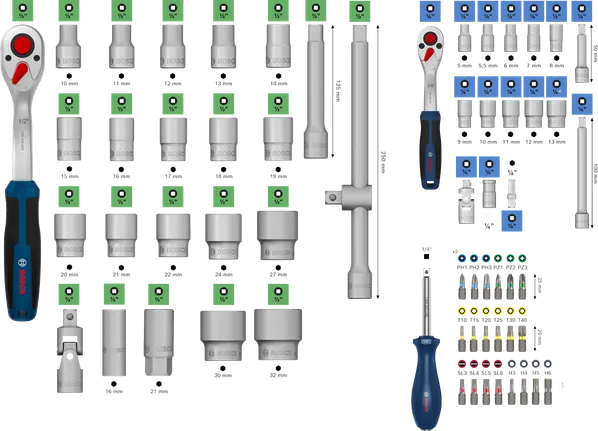 Bosch 1/4" + 1/2" ratchet set 80 pcs with sockets and bits.