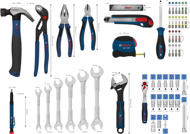 Bosch Hand Tool Mixed Set 89 pcs with wrench and screwdriver assortment.