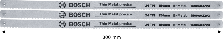 Bosch 150 mm bi-metal hacksaw blades for thin metal, 24 TPI.