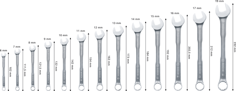Bosch Combination Wrench Set 6-19 mm, 12 pieces, +50% torque.