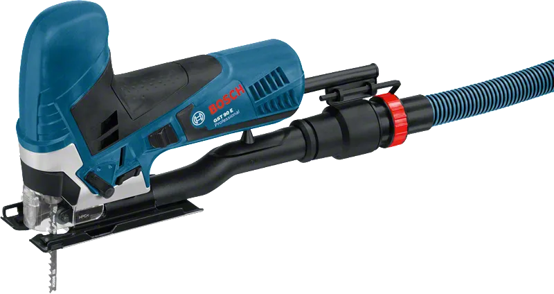 Bosch GST 90 E jigsaw with dust extraction attachment.