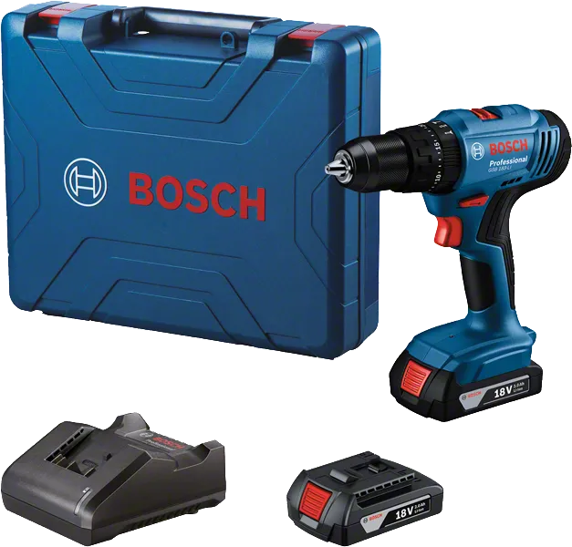 Coffret perceuse-visseuse sans fil Bosch GSB 18V-45 avec mallette et chargeur.