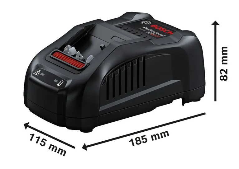 Chargeur de batterie Bosch GAL 1880 CV avec dimensions indiquées.