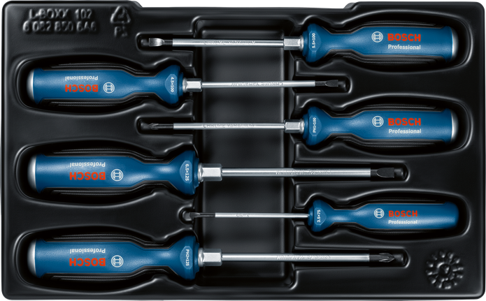 Jeu de 6 tournevis Bosch avec manches multi-composants.