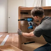 Une personne portant un équipement de sécurité installe des glissières de tiroir à l'aide d'une perceuse sans fil.