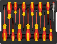 Jeu de 14 tournevis Bosch VDE assortis, en boîte ouverte.