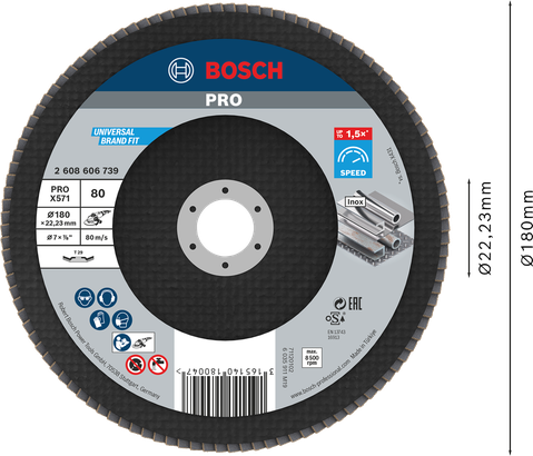 Disque à lamelles Bosch PRO X571 G80 180 mm pour le meulage du métal.