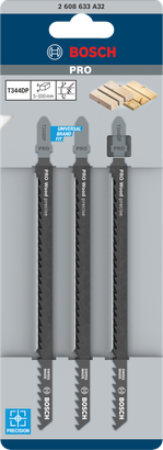 Lames de scie sauteuse Bosch PRO Wood Precision T344DP 152 mm, 3 pièces.