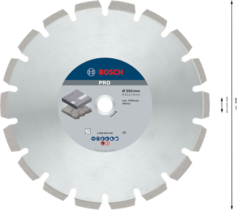 Disque diamanté Bosch PRO Asphalt 350 mm pour la coupe de l'asphalte.