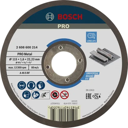 Disque à tronçonner à liant métallique Bosch PRO 115 x 1,6 mm, longue durée de vie.