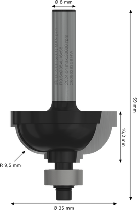 Fraise à défoncer Bosch PRO Classical Cove R 9,5 tige 8 mm.