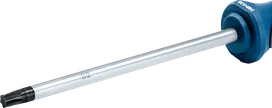 Tournevis Torx avec manche bleu et longue tige métallique.