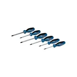 Ensemble de cinq tournevis bleus et noirs disposés en rangée sur fond blanc.