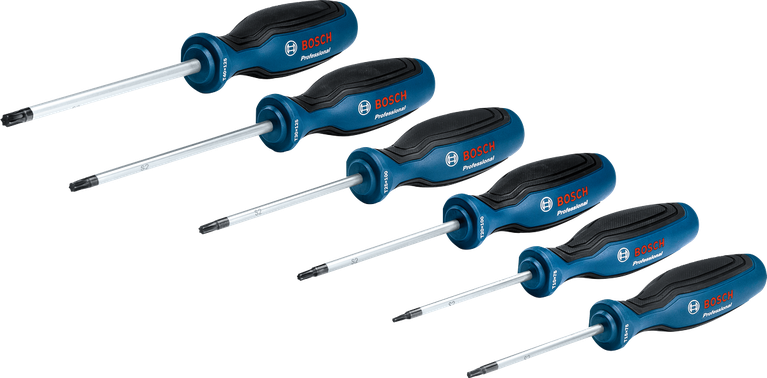 Jeu de tournevis Bosch TX 6 pièces avec manches multi-composants.