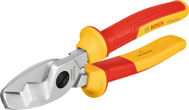 Cisaille à câble Bosch VDE avec poignées isolées rouge et jaune.