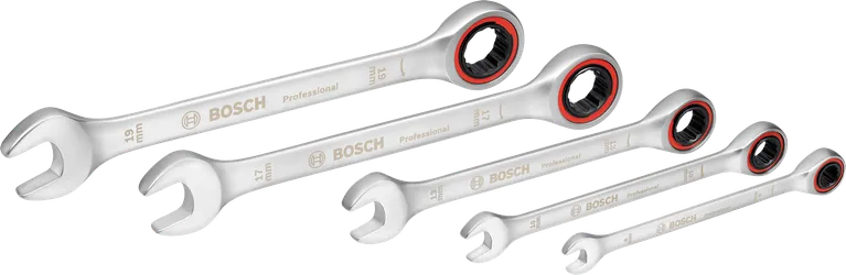Jeu de clés à cliquet Bosch 5 pièces avec extrémités ouvertes et annulaires.
