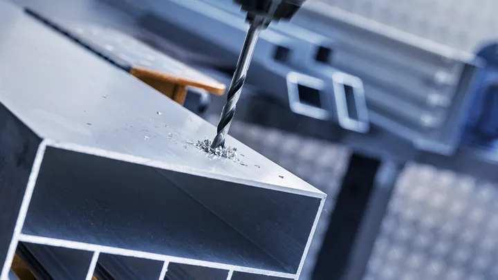 Dans un contexte industriel, une perceuse perce un trou dans une poutre métallique.