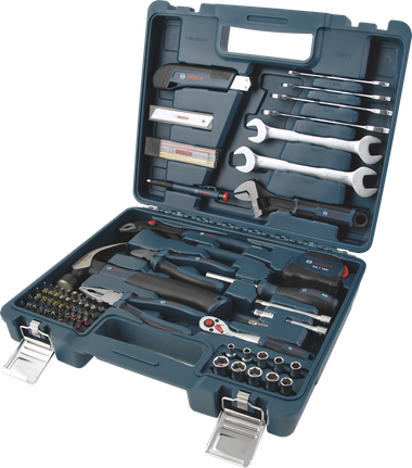 Coffret d'outils à main Bosch, 89 pièces, dans une mallette de transport bleue.