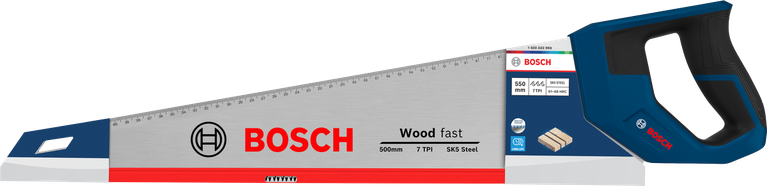Scie à main Bosch 550 mm 7 TPI pour une coupe rapide du bois.