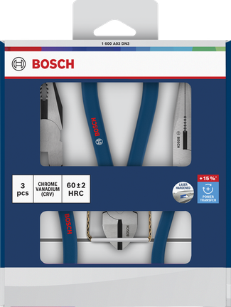 Jeu de 3 pinces Bosch avec poignées antidérapantes trempées.