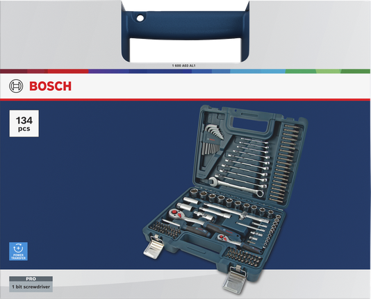 Coffret d'outils à main Bosch, 134 pièces, dans une mallette de transport bleue.