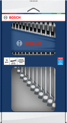 Jeu de clés mixtes Bosch 15 pièces, 6-21 mm, +50% de couple.
