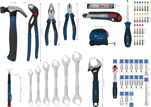 Coffret d'outils à main Bosch 89 pièces avec assortiment de clés et de tournevis.